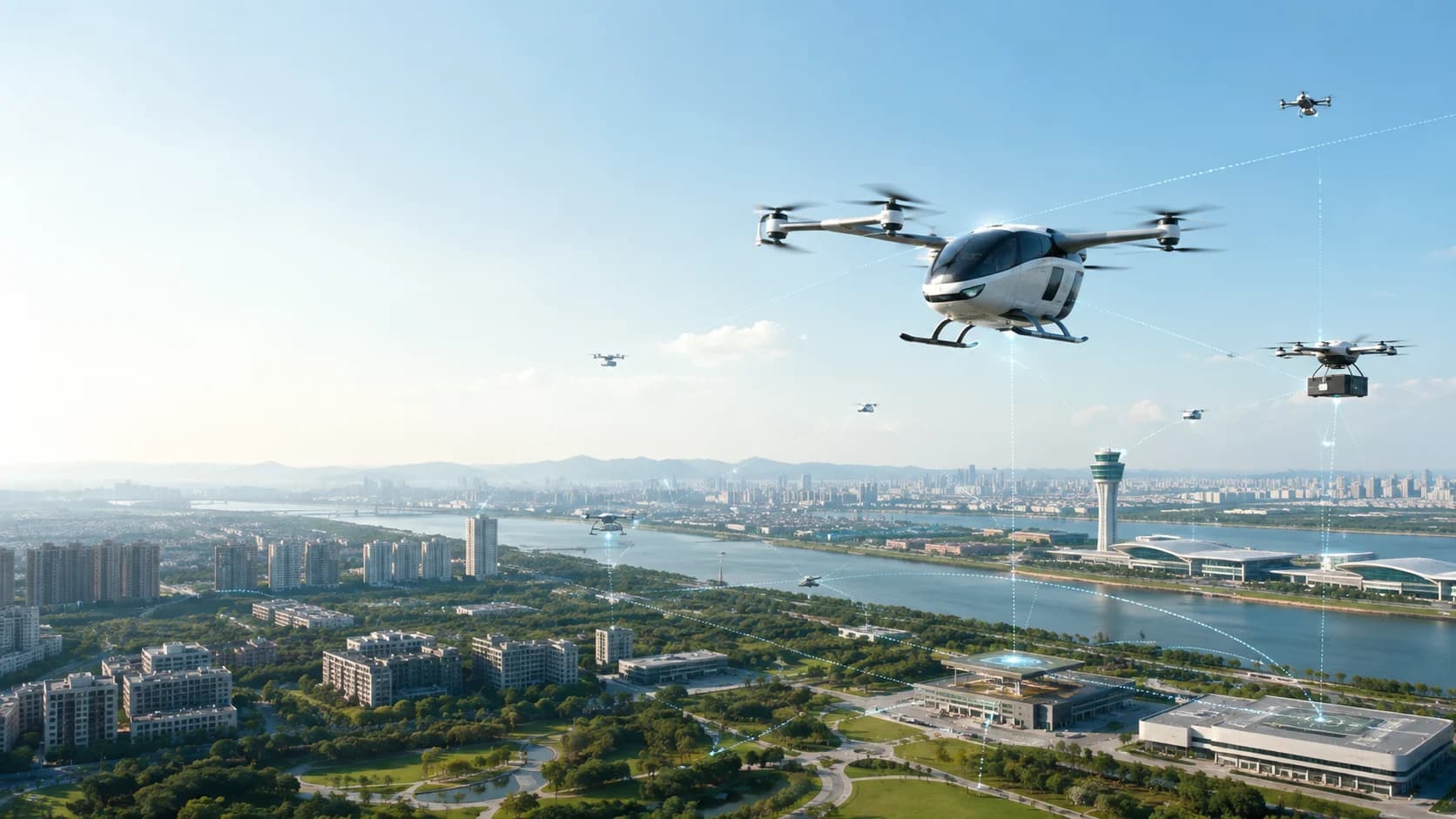 城市上空民用低空协同网络概念场景